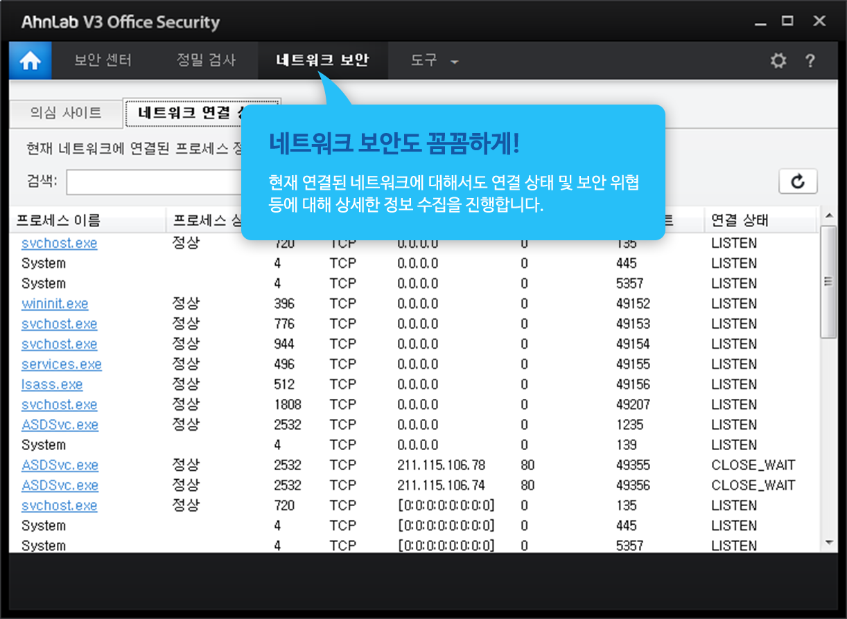 네트워크 보안도 꼼꼼하게! 현재 연결된 네트워크에 대해서도 연결 상태 및 보안 위협 등에 대해 상세한 정보 수집을 진행합니다.