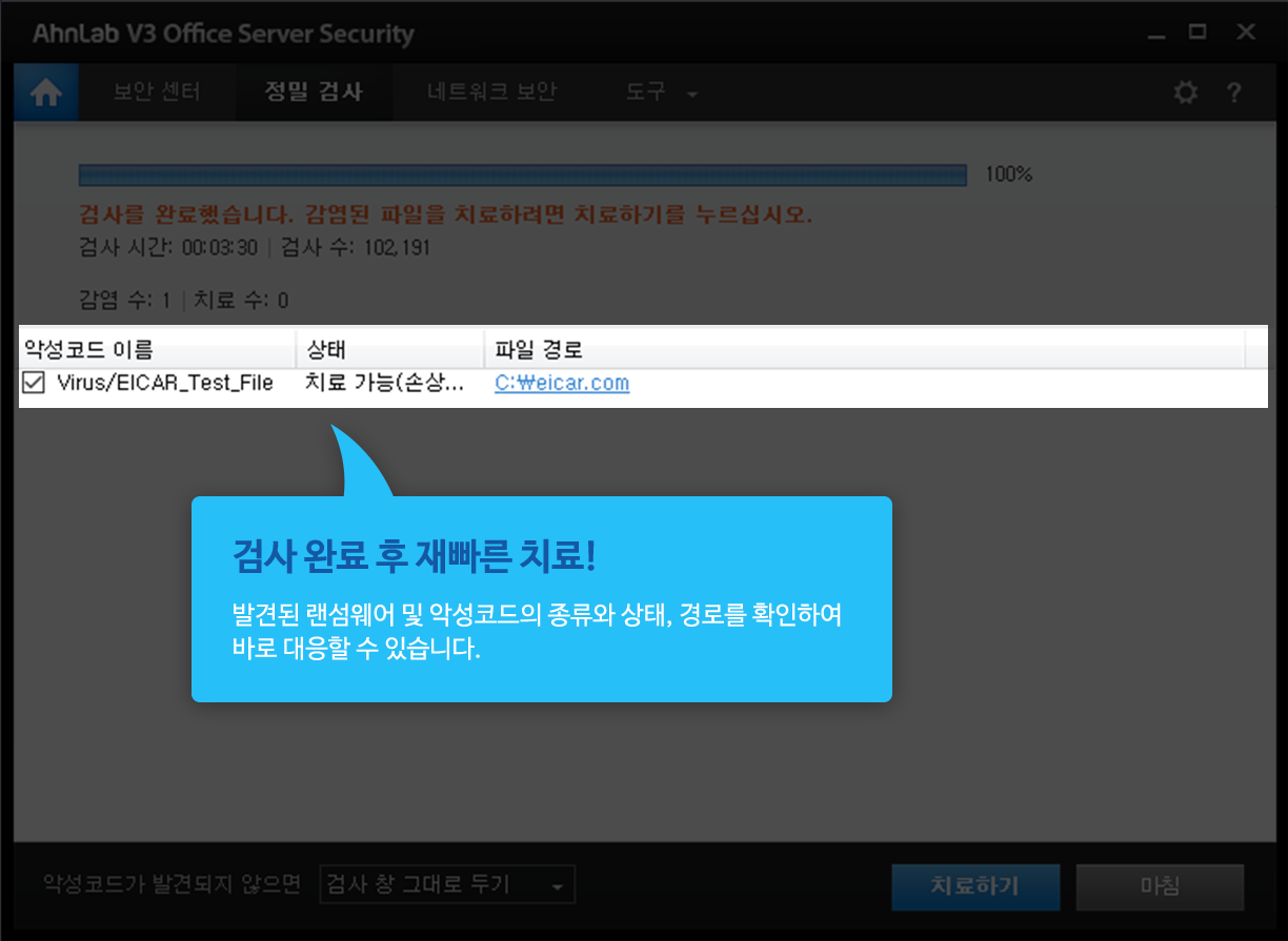 검사 완료 후 재빠른 치료! 발견된 랜섬웨어 및 악성코드의 종류와 상태, 경로를 확인하여 바로 대응할 수 있습니다.