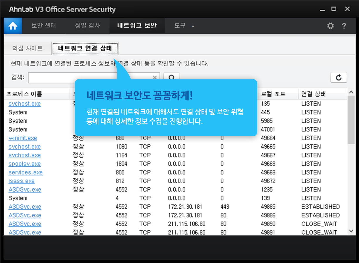 네트워크 보안도 꼼꼼하게! 현재 연결된 네트워크에 대해서도 연결 상태 및 보안 위협등에 대해 상세한 정보 수집을 진행합니다.